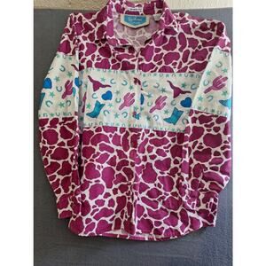 Womens Western Shirt Southwest Canyon Pink Cow Print Blue Boots Size Large